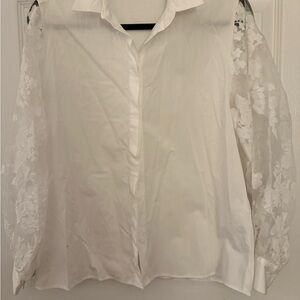 Zara White Floral Sheer Sleeve Shirt